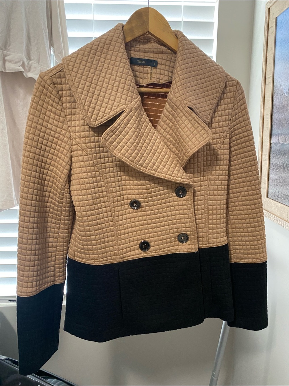 T Tahari Two-Tone Quilted Peacoat in Camel and Black